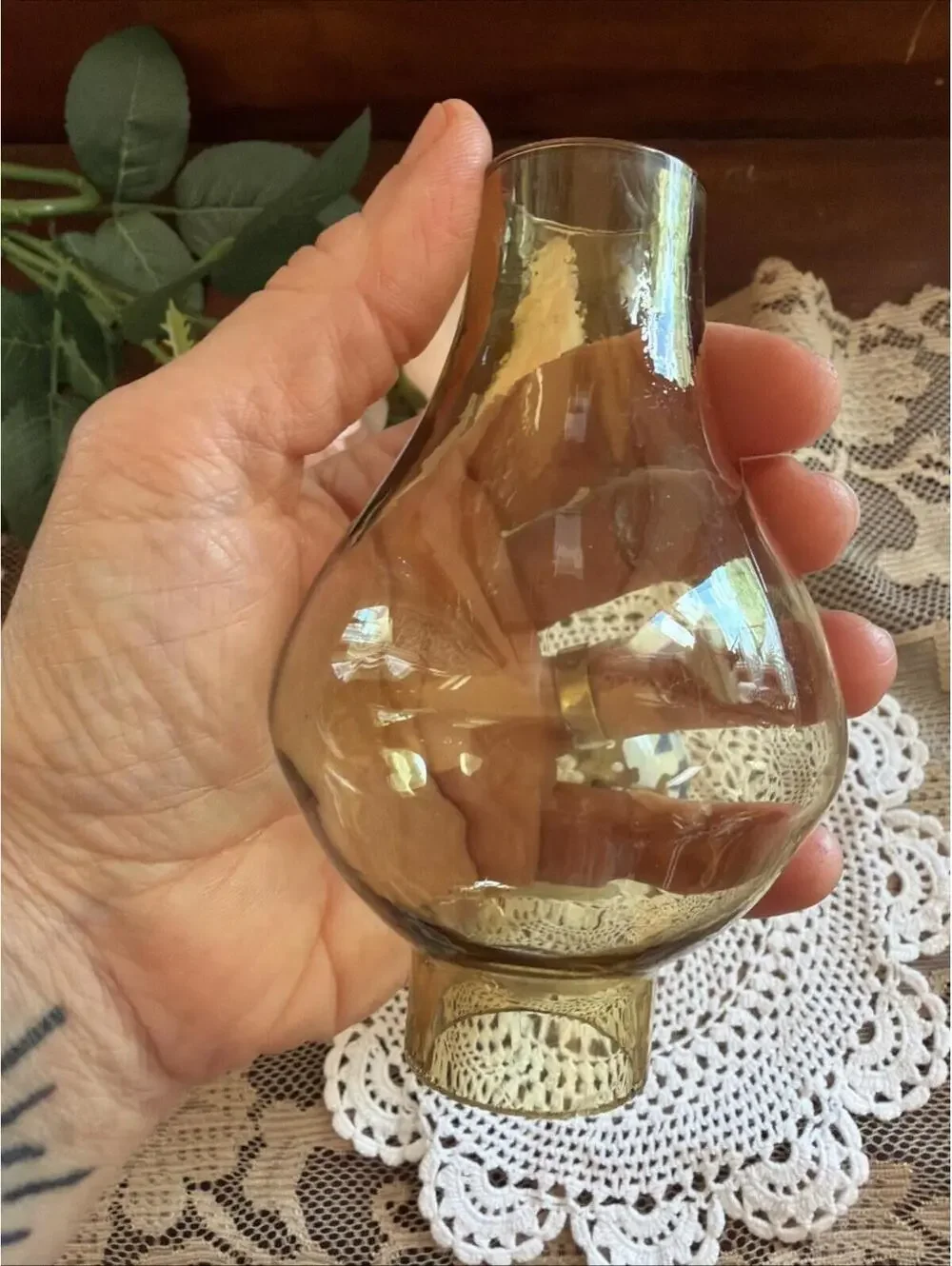 VTG Mini Oil Lamp Delft Blue Windmill Amber Glass Chimney Holland 9” Dutch